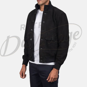 Men Black <b>Suede</b> Leather High Neck <b>Bomber</b> <b>Jacket</b> Slim Fit Button Up Casual Harrington Style Genuine Leather Outerwear - Product Image 1