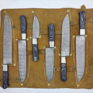 Ensemble de couteaux de cuisine professionnels légers en acier Damas forgé à la main, 6 pièces, ambidextres, avec étui en cuir et manche en bois Pakka - Product Image 2