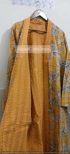 Kimono acolchado estampado amarillo para mujer, kimono largo, manga tres cuartos, cuello en V, ropa de dormir informal, tejido, para primavera - Product Image 3