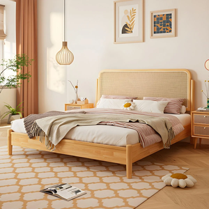 Modern Rattan Bed Solid Wood <b>Frame</b> Natural King Size Massage Leather Upholstery Natural Color Finish Bellla - Product Image 4