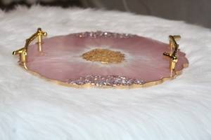 Plateau en résine géode rose peint à la main avec poignées en forme de feuille et sous-verres, taille et motif personnalisables - Product Image 6