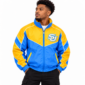 Chaqueta Cortavientos Personalizada de la Universidad del Sur (SU) con Bloques de Color Azul y Dorado HBCU, Chaqueta Deportiva Universitaria con Cremallera Completa al por Mayor - Product Image 3