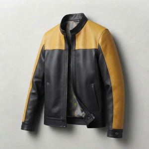 Blouson moto en cuir PU noir et moutarde pour homme, col montant, fermeture éclair, coupe classique, idéal pour l'automne - Product Image 3