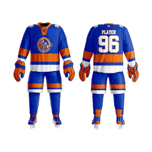 Uniforme de Hockey sobre Hielo de Manga Larga con Cuello Redondo, Diseño Deluxe en Azul Rey y Naranja, de Secado Rápido y Transpirable, con Malla - Product Image 1