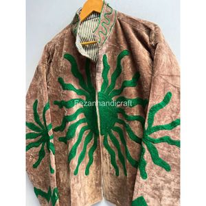 Geometric Pattern Cotton Floral Embroidered <b>Mandarin</b> <b>Collar</b> <b>Jacket</b> Full Sleeve Women's Autumn Wear - Product Image 2