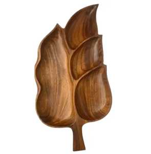 Large Wooden Multi Compartment Leaf Serving Tray Premium Food Warmers and Casseroles Split Acacia Wood <b>Snack</b> Platters Nut Bowl - Product Image 5