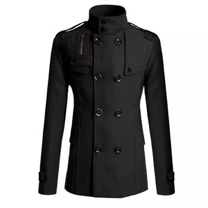 <b>Men's</b> Gray Wool Double Breasted Stand Collar Overcoat With Epaulets - Product Image 4