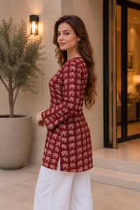 Kurti en rayonne à imprimé éléphant vintage, col rond, coupe ample, tissé, bordeaux, pour l'été, tenue décontractée ou de bureau - Product Image 3