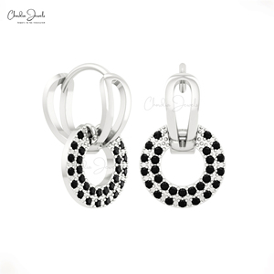 Boucles d'oreilles créoles tendance en or blanc 14 carats avec diamants noirs, double maillon, coupe ronde 1 mm – Fournisseur de bijoux en gros - Product Image 4