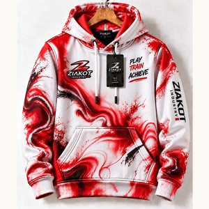 Wholesale Direct Ziakot Industry Custom Stitched Tie Dye White-<b>Red</b> 3D Abstract Fractal Style Sports Pullover <b>Sweatshirt</b> Hoodie - Product Image 1