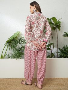 Women's Relaxed Fit <b>Linen</b> Kurta Pant Set Short Floral Kurti for Women - Product Image 2