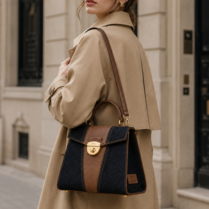 <span class=keywords><strong>Sac</strong></span> à bandoulière en jean bleu pour femme, <span class=keywords><strong>sac</strong></span> à main en cuir grainé marron, sacoche structurée à rabat avec poignée supérieure et pieds métalliques - Product Image 2