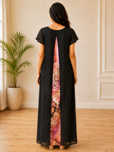 Nouvelle arrivée Robe longue à manches courtes à col rond imprimée multicolore noire pour femmes, double couche, de haute qualité, vêtements décontractés - Product Image 2