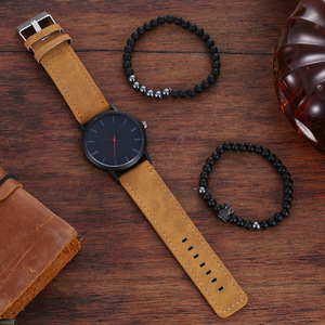 8132 Hot Selling 3 Pcs Men's Fashion Watch <b>Leather</b> Quartz Watch With Crown <b>Bracelet</b> Set Luxury Minimalist Watch Set - Product Image 3