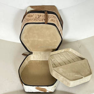 Boîte de rangement en cuir de vachette durable de style vintage pour bijoux féminins, à double compartiment et fermeture éclair, faite à la main, prix de gros - Product Image 6