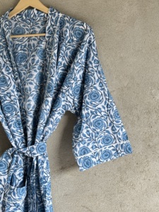 Hand Block Printed Floral V-neck Cotton <b>Kimono</b> Women Full Length Belted Robe Spring Summer <b>Beach</b> Cover Casual Resort Wear - Product Image 3