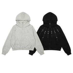 Sudadera con capucha Y2K de invierno para hombre, estilo vintage, informal, holgada, brillante, con pedrería, cremallera, forro polar y ribete de piel. - Product Image 2