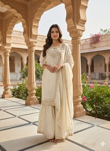 Ensemble Sharara Dupatta pour femme, tissu Fendy, broderie lourde, entièrement cousu, ensemble de vêtements ethniques, tenue de mariage traditionnelle - Product Image 5