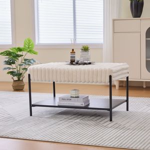 Poggiapiedi in Finta Pelliccia da 78 cm con Gambe in Metallo Nero, Ripiano Aperto in Legno e Top Imbottito - Product Image 2