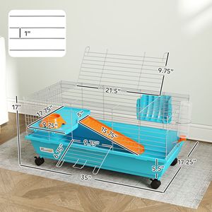 Cage pour petits animaux bleue de 35 pouces avec roulettes, pour lapins et cochons d'Inde, incluant gamelle, bouteille d'eau et mangeoire à foin - Product Image 3