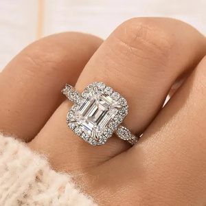 925 Moissanite Luxury Halo Emerald Cut <b>Simulated</b> <b>Diamond</b> Engagement Ring in White Gold Plated Moissanite Ring for Wholesale. - Product Image 5