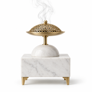 Brûleur d'encens en bois effet marbre avec couvercle en filigrane doré, diffuseur d'aromathérapie, durable, écologique, utilisable toute l'année - Product Image 1