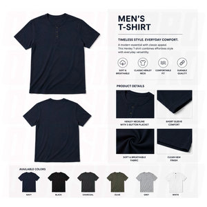 เสื้อยืดเฮนลีย์แขนสั้นสีน้ำเงินกรมท่าสำหรับผู้ชาย ผ้าฝ้าย 100% ทรงปกติ สีพื้น ผ้าเจอร์ซีย์ถัก คอโอ แบบเรียบ - Product Image 4