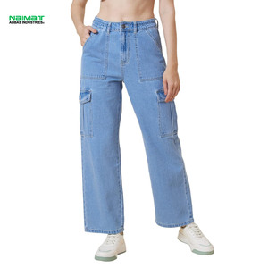Women Denim Cargo Pants High Waisted Wide Leg Jeans Light Wash Multi Pocket Loose Utility Denim Trousers Lady - Product Image 1