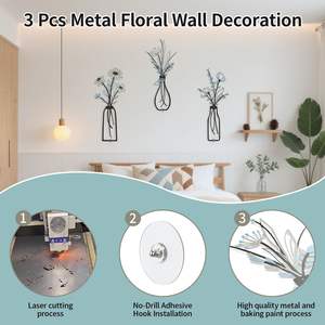 Set di 3 Decorazioni Rustiche Minimaliste in Metallo a Forma di Fiore per Parete, Senza Foratura, Grigio, per Soggiorno, Sala da Pranzo, Regalo di Benvenuto - Product Image 5