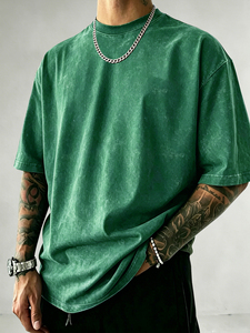 Camiseta Oversize de Algodón Verde Liso para Hombre, Manga Corta, Cuello Redondo, Estilo Casual Urbano, Teñido Liso, Ajuste Jersey - Product Image 1