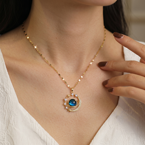 Gold Plated Stainless Steel Geometric Planet Pendant Necklace with Opal Space <strong>Star</strong> <strong>Design</strong> for Women - Product Image 1