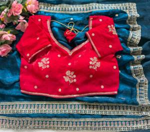 Sari Étnico Indio de Satén Verde Azulado con Bordado C Pally y Lentejuelas, Sari con Blusa Cosida para Bodas - Product Image 3