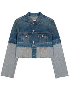 <b>Cropped</b> <b>Denim</b> <b>Jacket</b> Women Color Blocked Button Front Long Sleeve Distressed Wash Casual Autumn Style - Product Image 1