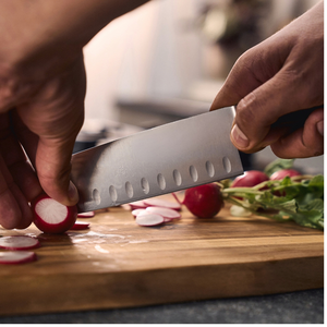 Black Handle Santoku <b>Knives</b> with Silver Broad Blade Oval Indentations and Silver Bolster for Fruit <b>Slicing</b> Vegetable Chopping - Product Image 4