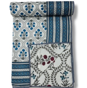 Pure Cotton Reversible <b>Bed</b>/<b>Sofa</b> Handmade Handprinted Floral Dohar Elegant White <b>Blue</b> Buy Direct From Supplier At Bulk - Product Image 1