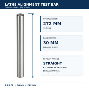 Barra de prueba para alineación de torno, 30 mm de diámetro, 272 mm (10-3/4 pulgadas) de longitud, vástago paralelo, mandril de precisión de acero aleado EN31 - Product Image 2