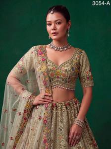 Beige Floral Print Embroidered Georgette <b>Lehenga</b> Choli Dupatta Floor Length Bridal Wear 3054-A V-Neck Sleeveless A-Line Classic - Product Image 2