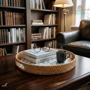 Plateau rond en rotin Nhat Minh avec poignées, design bohème, panier de rangement pour vaisselle, 1 niveau - Product Image 4