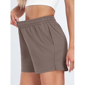 Shorts en molleton taille haute pour femme, mélange de coton, avec cordon de serrage, poches, ourlet côtelé, molleton brossé doux, pour la détente et la gym - Product Image 3