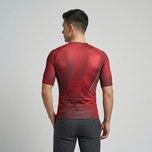 Men's Red Geometric Pattern Short Sleeve Compression Shirt O-Neck Quick Dry Slim Fit Sporty Athletic Performance Top - Product Image 2