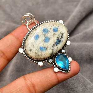 Collier pendentif K2 Azurite fait main en argent sterling 925, bijoux en pierres précieuses, pierre naturelle bleue et blanche, collier pour femme, cadeau - Product Image 4