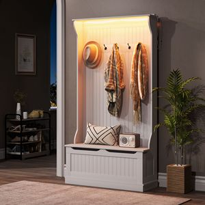 Appendiabiti da ingresso 3-in-1 con luci LED, panca e contenitore per scarpe, 5 appendiabiti, colore grigio - Product Image 2