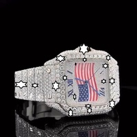 Nouvelle conception, montre mécanique de luxe faite à la main, drapeau américain, boîtier carré, fermoir à bouton-poussoir, diamant moissanite, unisexe, entièrement sertie