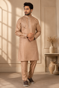 Mens Designer Beige Kurta Pajama <b>Set</b> Linear Thread Embroidery Ethnic Wear Indian Pakistani Party Outfit Wholesale Supplier - Product Image 3