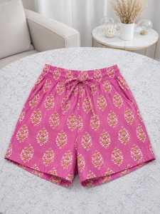 Women's Pink Floral Print Cotton Shorts With <b>Drawstring</b> Waist Loose Fit Casual Style Breathable Woven Fabric - Product Image 2