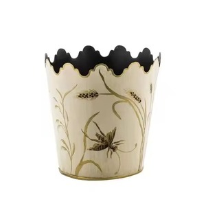 New Style Metal Storage Bucket Cylindrical Decorative Indoor Household Waste <b>Bin</b> With Floral Pattern Gold Trim Trash Can - Product Image 1