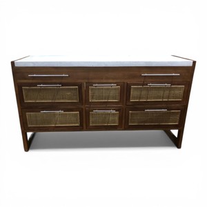 Meuble de salle de bain en teck massif artisanal écologique indonésien avec tiroirs en rotin, plan de travail en pierre artificielle et double vasque - Product Image 6