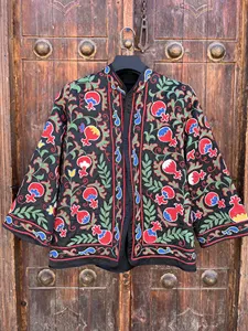 Hand Embroidered Black Velvet Suzani <b>Jacket</b> For Women Stand Collar Boho Floral <b>Pattern</b> Full Sleeve <b>Quilted</b> Winter Outerwear - Product Image 1