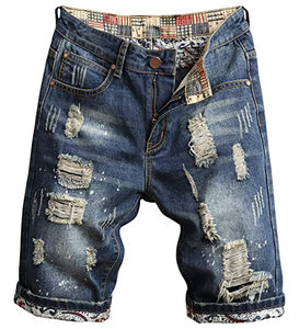 Shorts en jean droit taille mi-haute pour homme, déchirés, délavés, style streetwear décontracté en coton pour l'été - Product Image 1