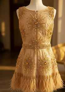 Robe de cocktail de luxe dorée à sequins pour femme, motif soleil, robe de soirée avec ourlet en plumes, vente en gros, tenue de soirée élégante OEM/ODM - Product Image 3